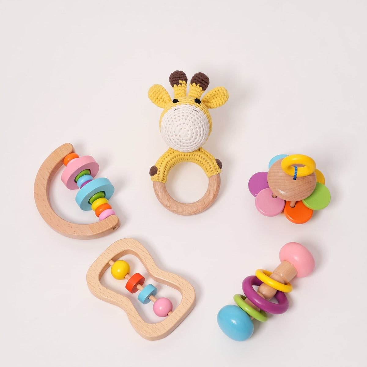 Wooden Baby Rattles Set with Crochet Giraffe Teether