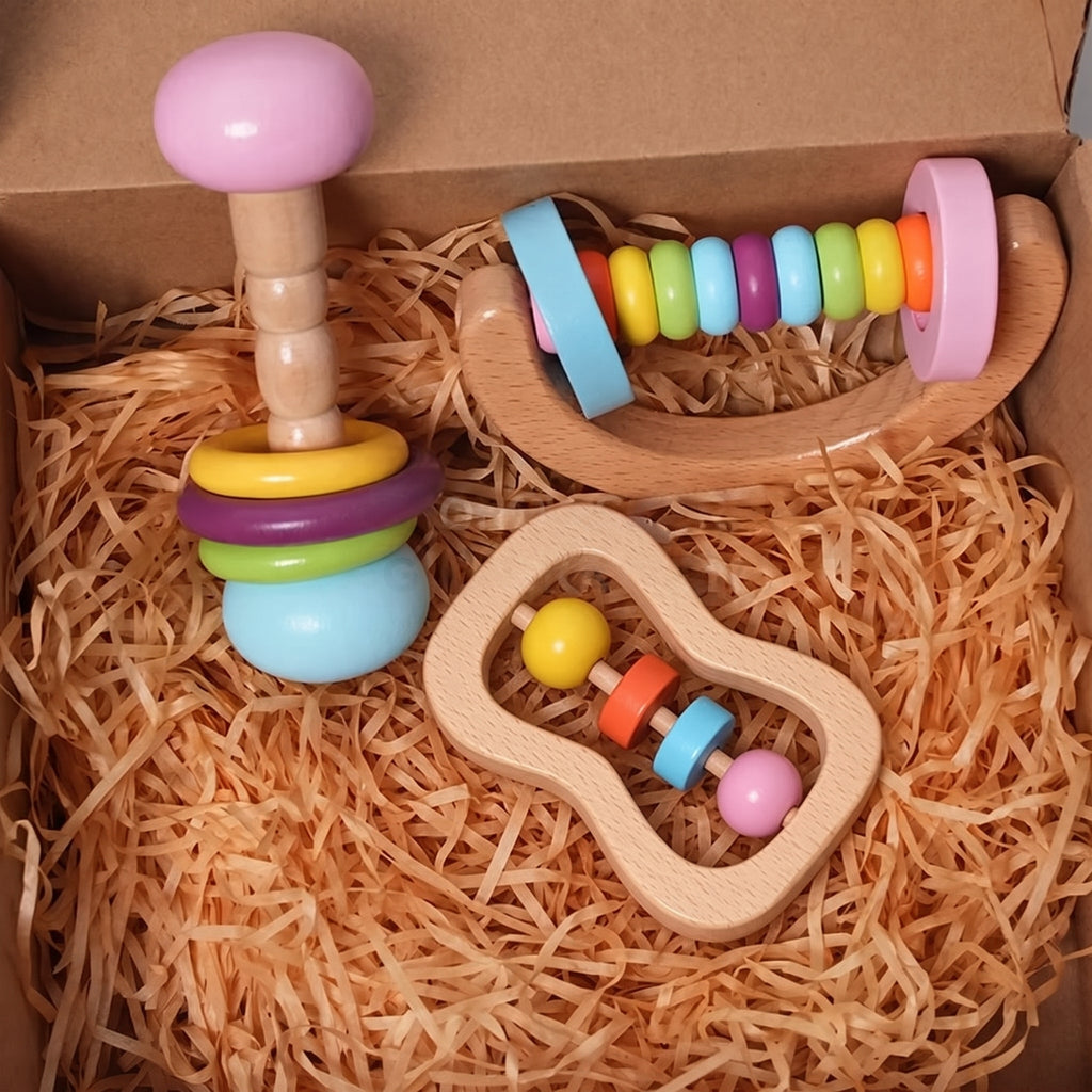 Wooden Baby Rattles Set with Crochet Giraffe Teether