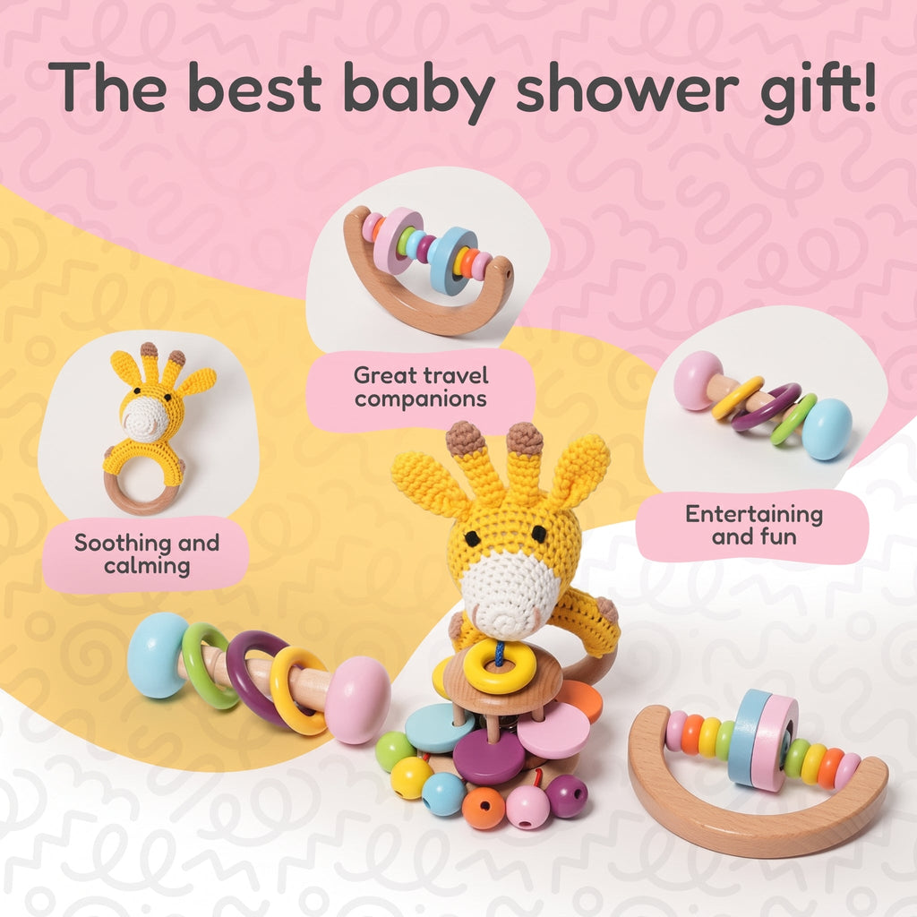 Wooden Baby Rattles Set with Crochet Giraffe Teether