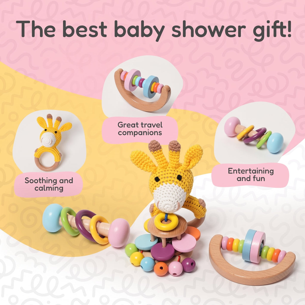 Wooden Baby Rattles Set with Crochet Giraffe Teether