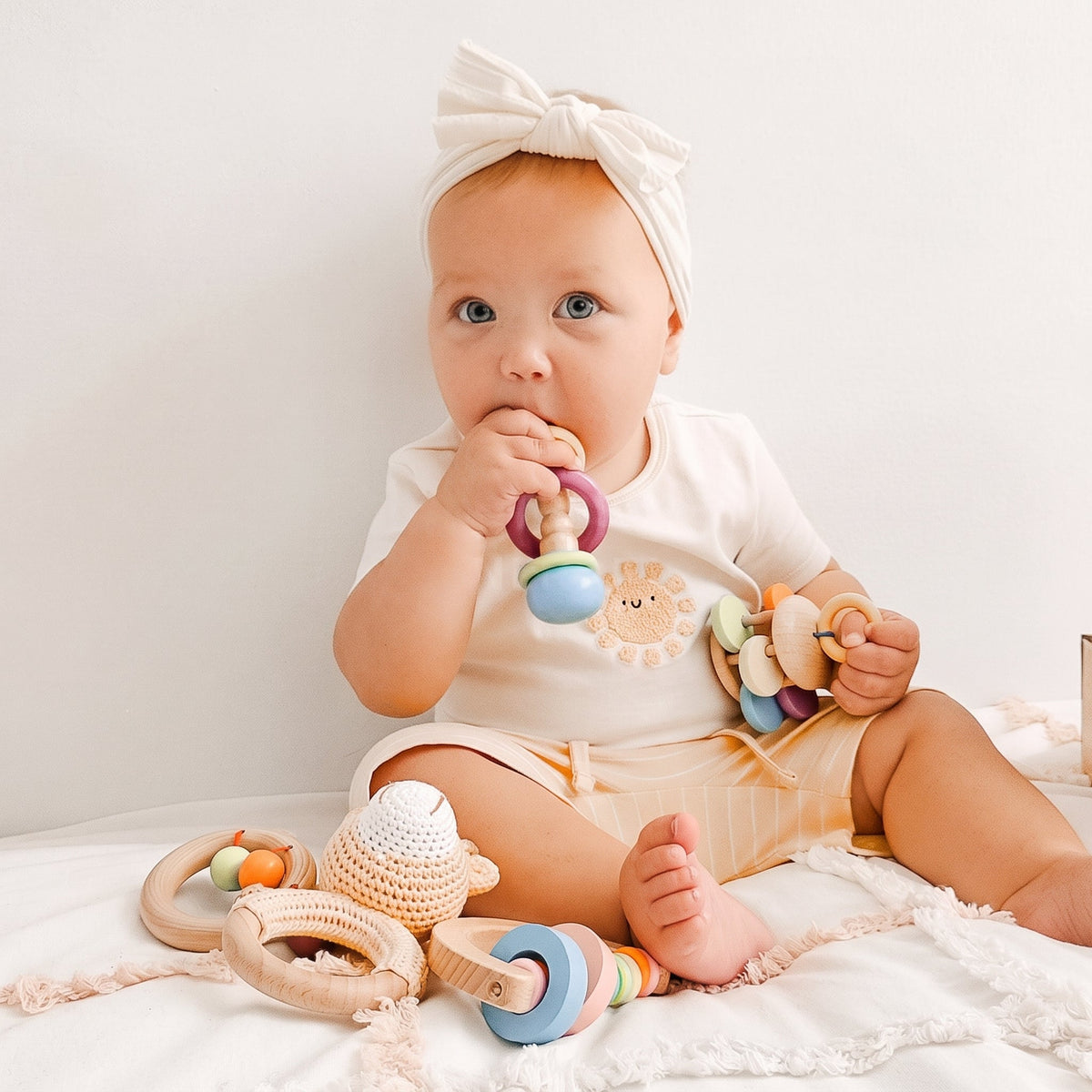 Wooden Baby Rattles Set with Crochet Giraffe Teether