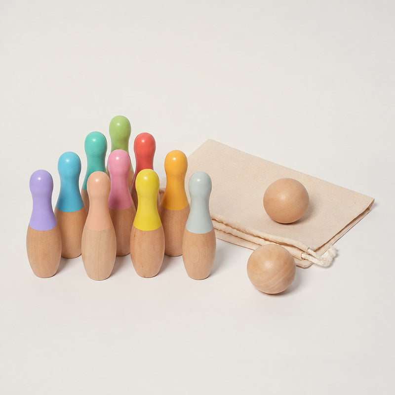 Wooden Bowling Set with 10 Colorful Pins and Carry Bag