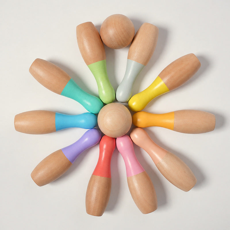 Wooden Bowling Set with 10 Colorful Pins and Carry Bag