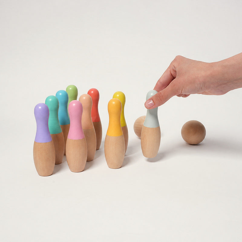 Wooden Bowling Set with 10 Colorful Pins and Carry Bag