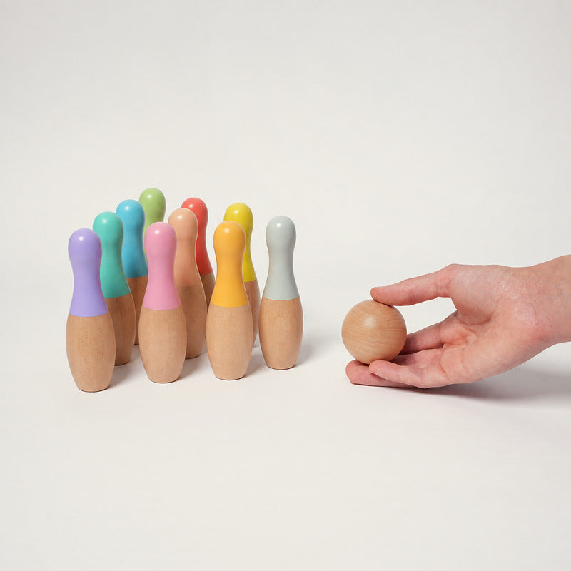 Wooden Bowling Set with 10 Colorful Pins and Carry Bag