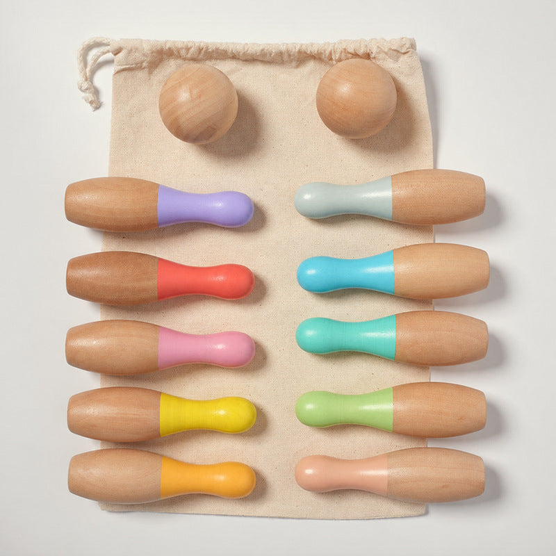 Wooden Bowling Set with 10 Colorful Pins and Carry Bag