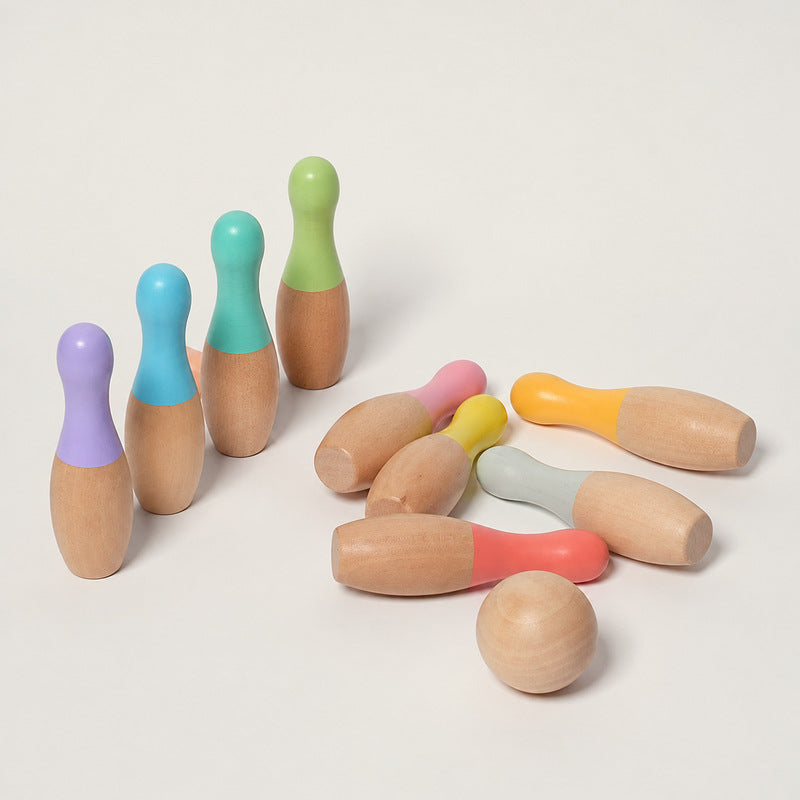 Wooden Bowling Set with 10 Colorful Pins and Carry Bag