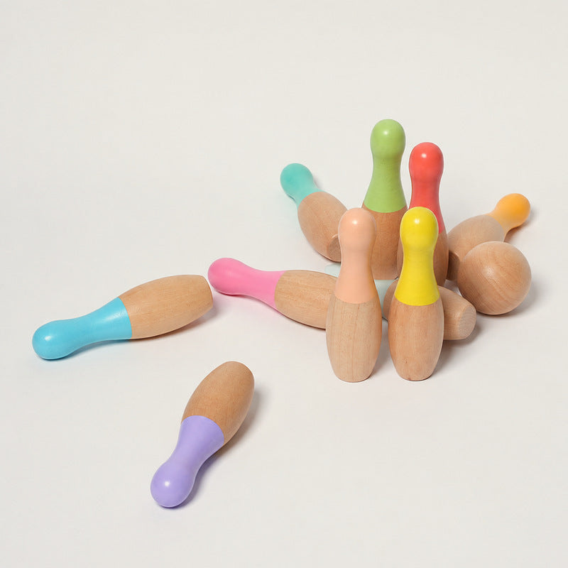 Wooden Bowling Set with 10 Colorful Pins and Carry Bag