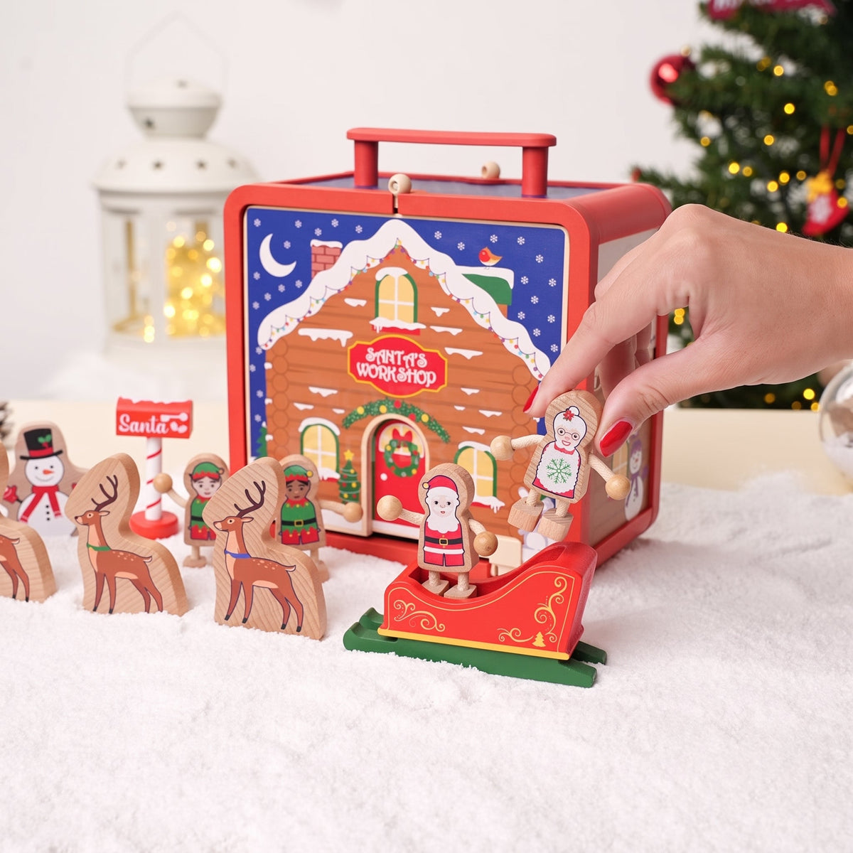 Wooden Christmas Dollhouse with Figurines