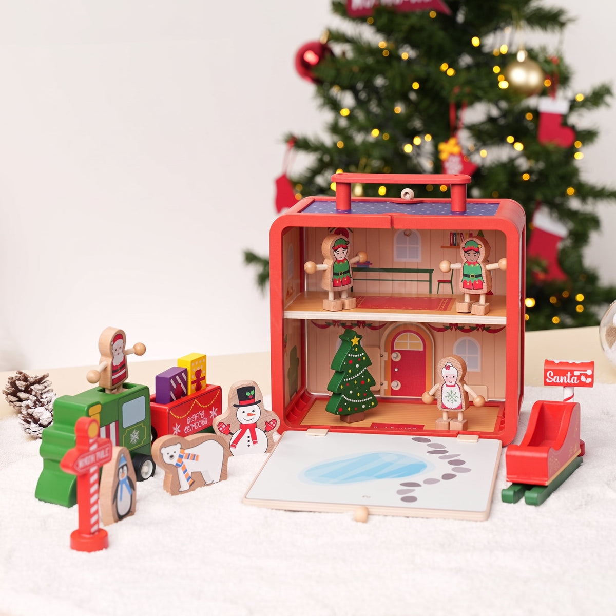 Wooden Christmas Dollhouse with Figurines