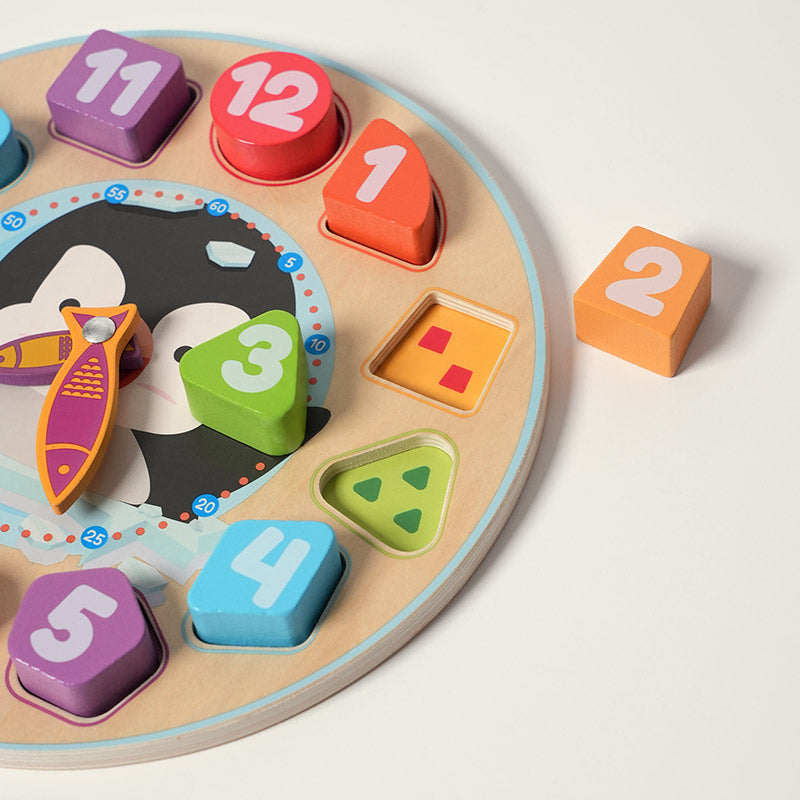 Wooden Clock Puzzle with Penguin and Shapes