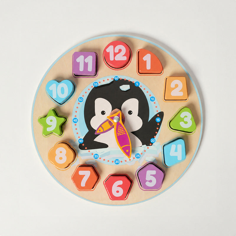 Wooden Clock Puzzle with Penguin and Shapes