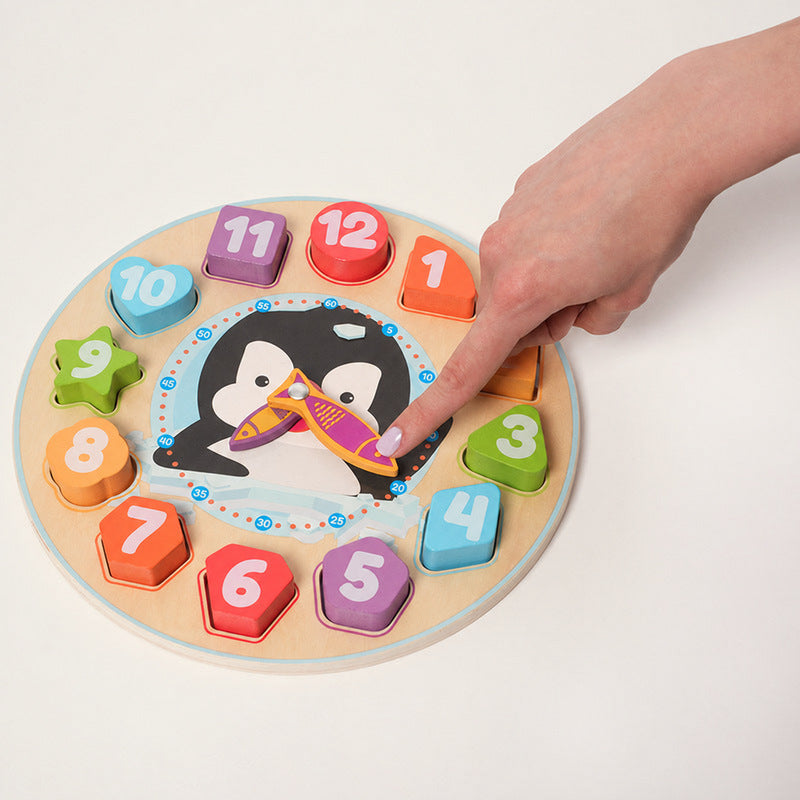 Wooden Clock Puzzle with Penguin and Shapes
