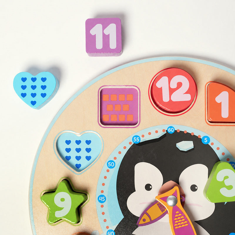 Wooden Clock Puzzle with Penguin and Shapes