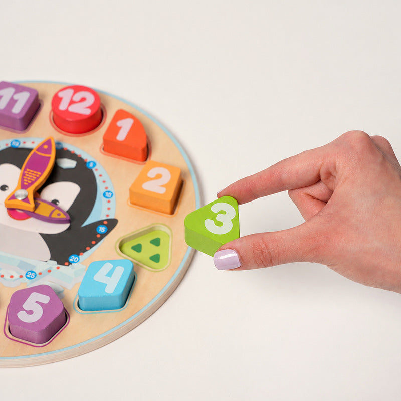 Wooden Clock Puzzle with Penguin and Shapes