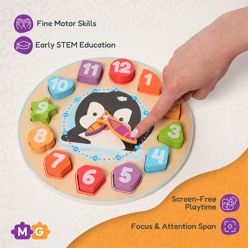 Wooden Clock Puzzle with Penguin and Shapes