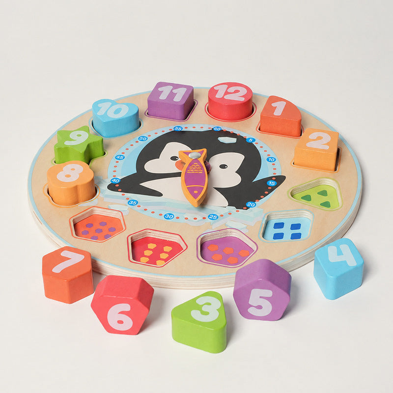 Wooden Clock Puzzle with Penguin and Shapes