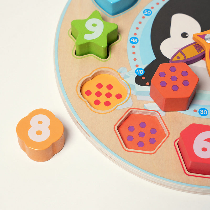 Wooden Clock Puzzle with Penguin and Shapes