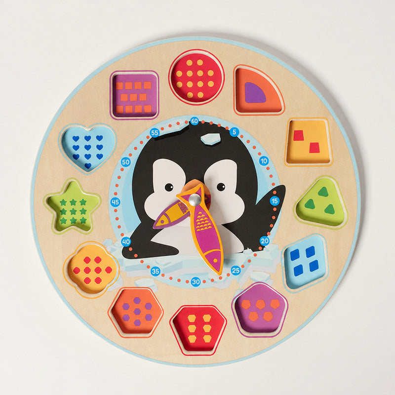 Wooden Clock Puzzle with Penguin and Shapes