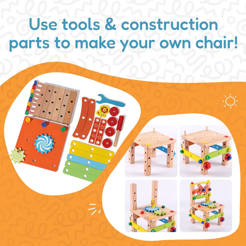 Wooden Construction Toy Chair with Tools and Screws