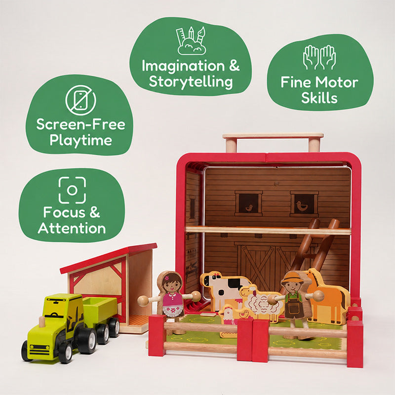 Wooden Farm Playset with Animals and Tractor
