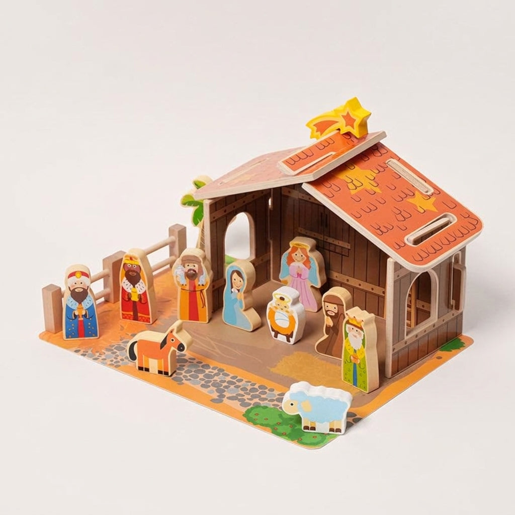 Wooden Nativity Set with 20 Hand-Painted Figures