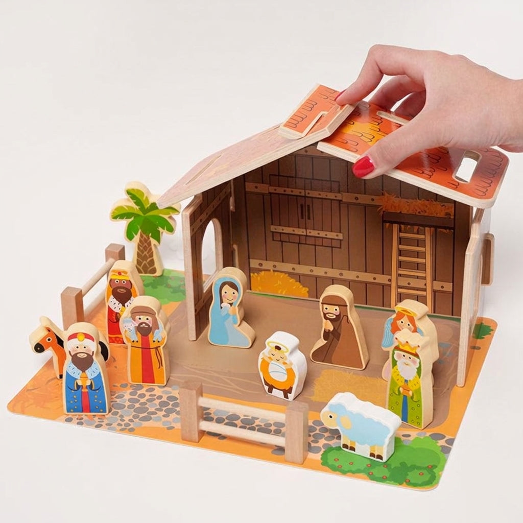 Wooden Nativity Set with 20 Hand-Painted Figures