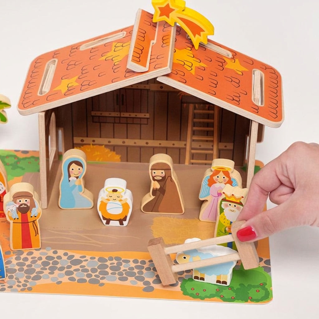 Wooden Nativity Set with 20 Hand-Painted Figures
