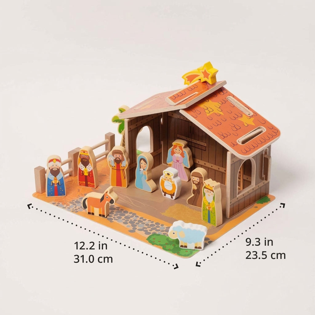 Wooden Nativity Set with 20 Hand-Painted Figures