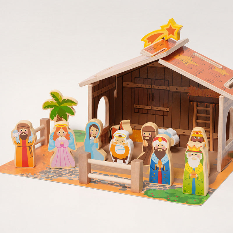 Wooden Nativity Set with 20 Hand-Painted Figures