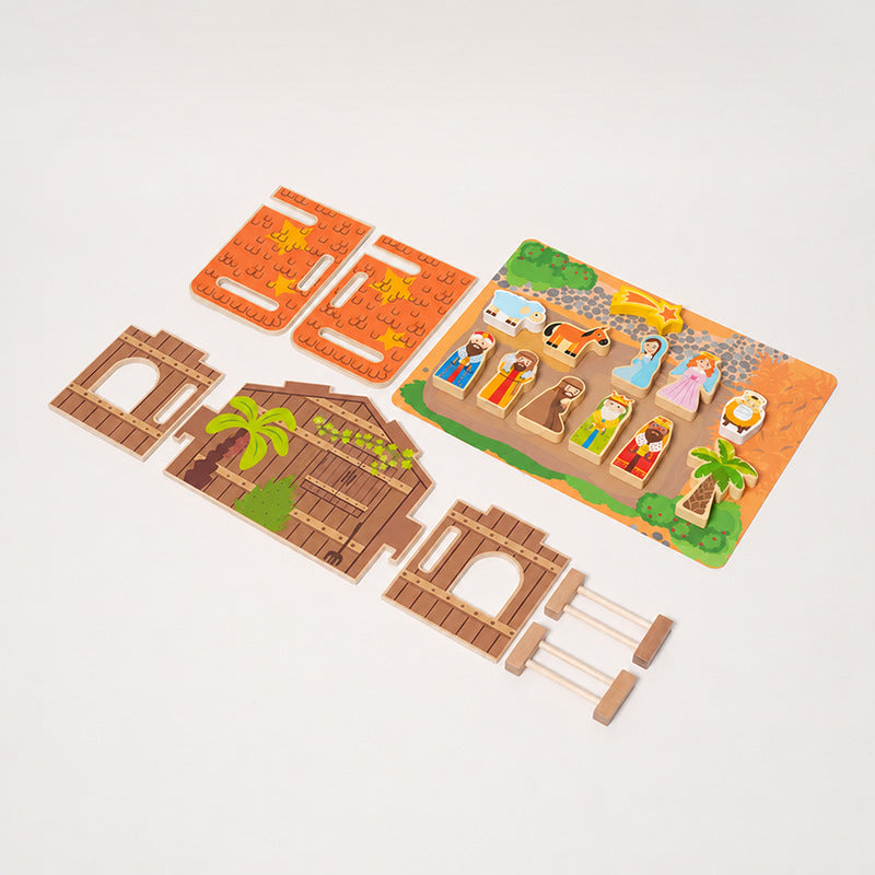 Wooden Nativity Set with 20 Hand-Painted Figures