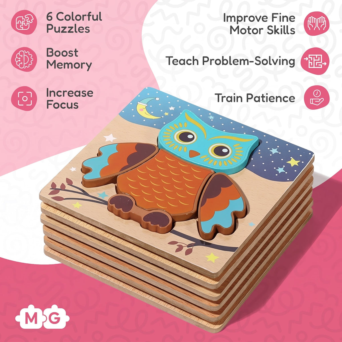 Wooden Owl Puzzle Set with Night Sky Theme