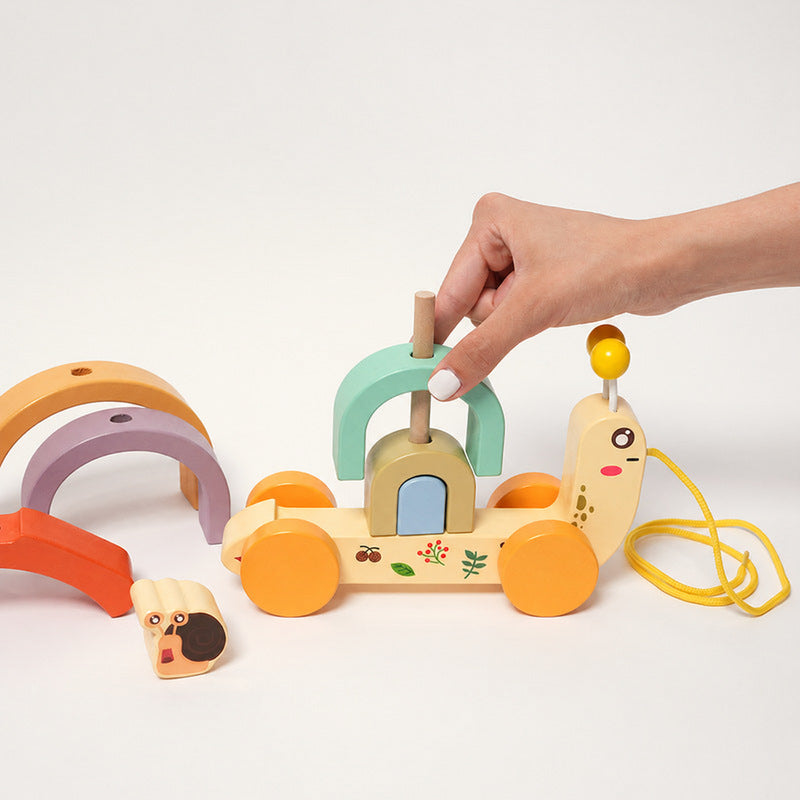 Wooden Pull Toy Snail with Stacking Rainbow Shell