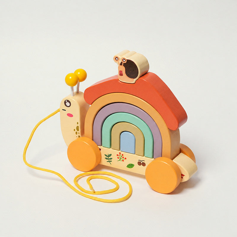 Wooden Pull Toy Snail with Stacking Rainbow Shell
