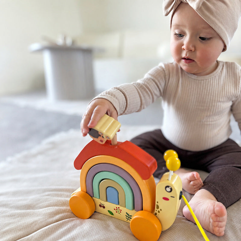 Wooden Pull Toy Snail with Stacking Rainbow Shell