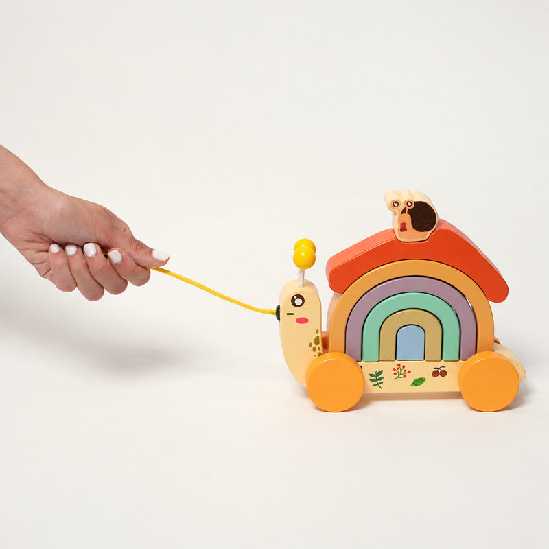 Wooden Pull Toy Snail with Stacking Rainbow Shell