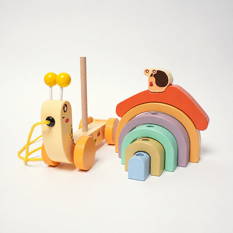 Wooden Pull Toy Snail with Stacking Rainbow Shell