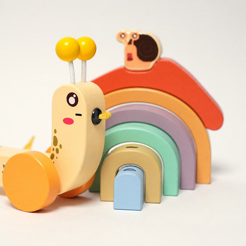 Wooden Pull Toy Snail with Stacking Rainbow Shell