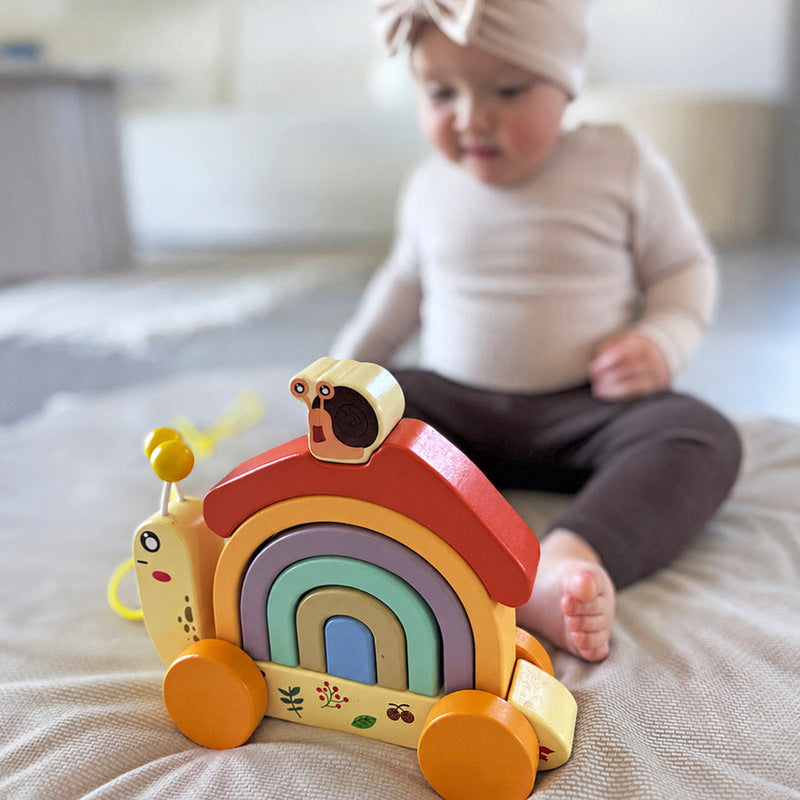 Wooden Pull Toy Snail with Stacking Rainbow Shell