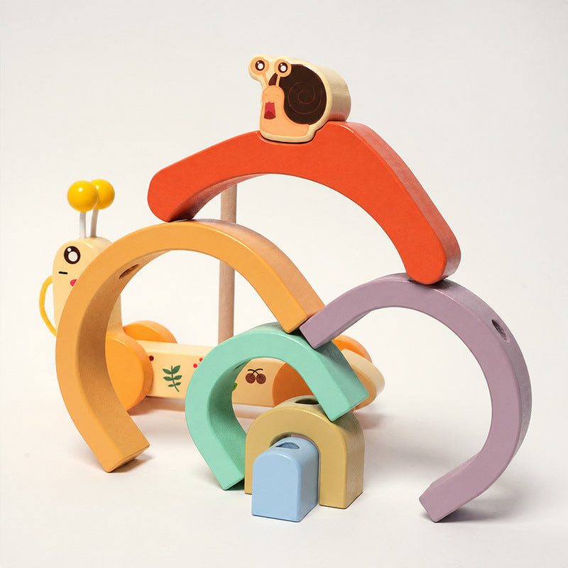 Wooden Pull Toy Snail with Stacking Rainbow Shell