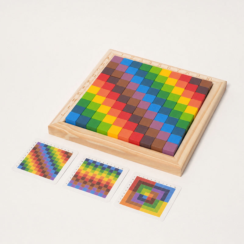 Wooden Puzzle Game with 100 Colorful Blocks and Pattern Cards