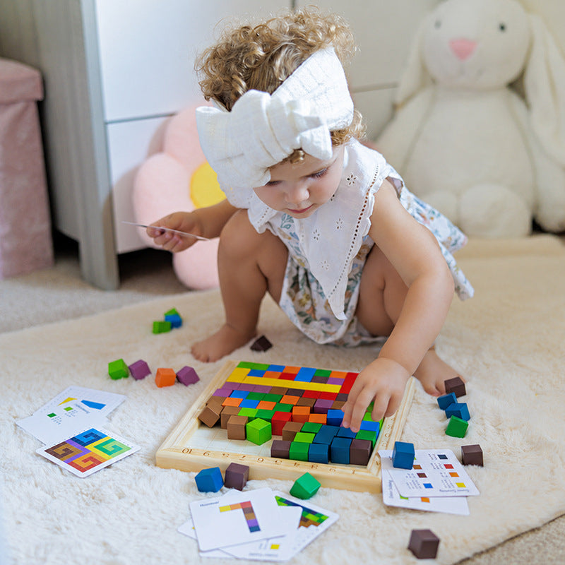 Wooden Puzzle Game with 100 Colorful Blocks and Pattern Cards