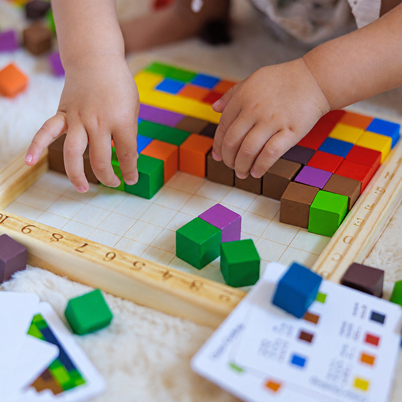 Wooden Puzzle Game with 100 Colorful Blocks and Pattern Cards
