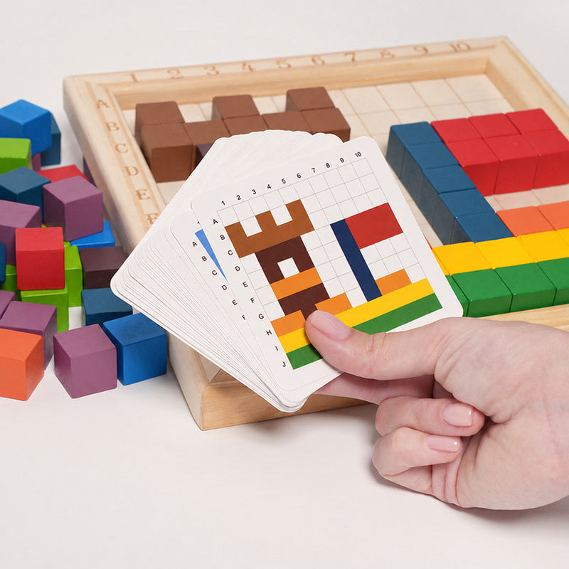 Wooden Puzzle Game with 100 Colorful Blocks and Pattern Cards