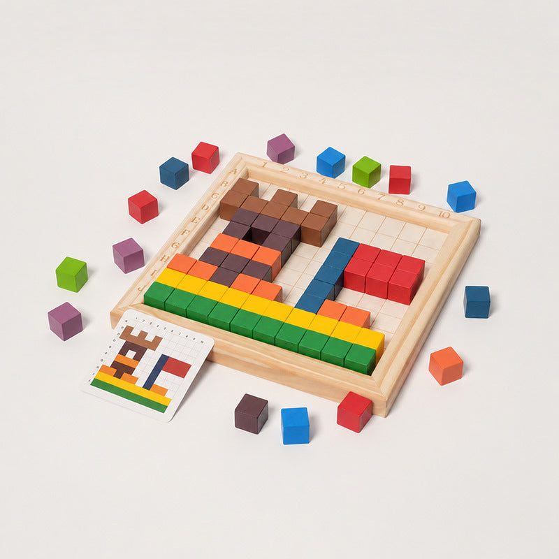 Wooden Puzzle Game with 100 Colorful Blocks and Pattern Cards