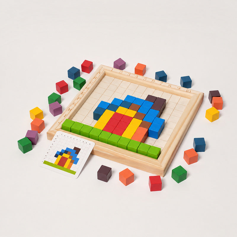 Wooden Puzzle Game with 100 Colorful Blocks and Pattern Cards