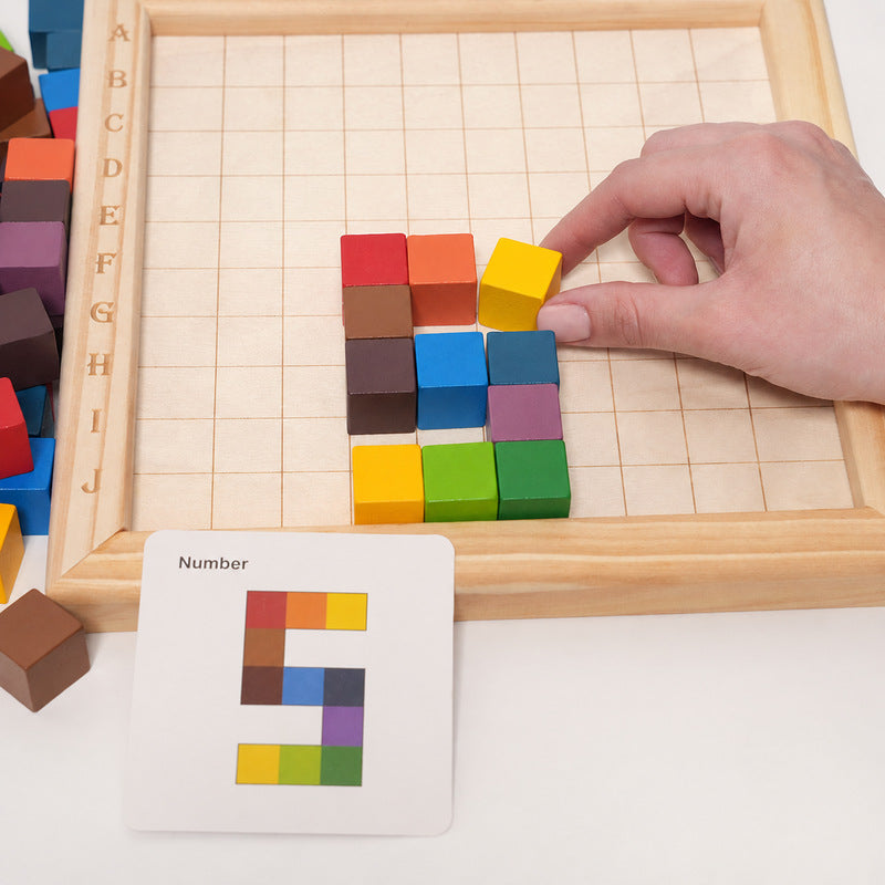 Wooden Puzzle Game with 100 Colorful Blocks and Pattern Cards