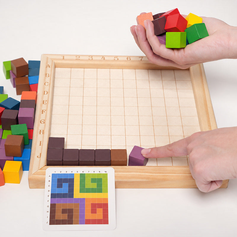 Wooden Puzzle Game with 100 Colorful Blocks and Pattern Cards
