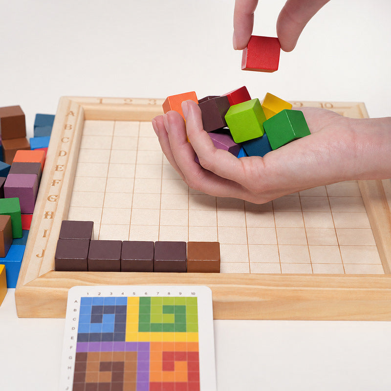 Wooden Puzzle Game with 100 Colorful Blocks and Pattern Cards