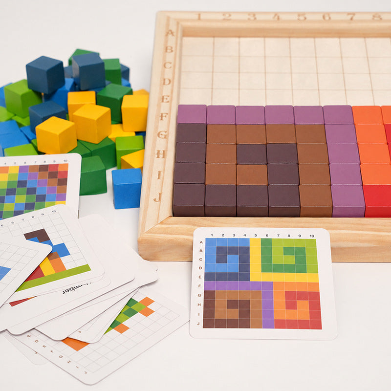 Wooden Puzzle Game with 100 Colorful Blocks and Pattern Cards
